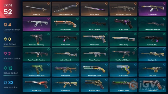 EU Full Access | 52 Skins K/TAC Blade+Prime Vandal+ChronoVoid Phantom+Ion Vandal+Task Force 809 Knife+Artisan Foil+much more