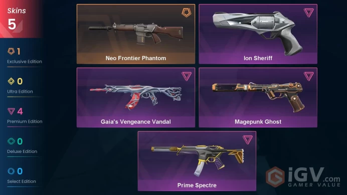 Eu/Full Access/Ranked Ready/Neo Frontier Phantom + Gaia's Vengeance Vandal + Ion Sheriff + Prime Spectre + Magepunk Ghost