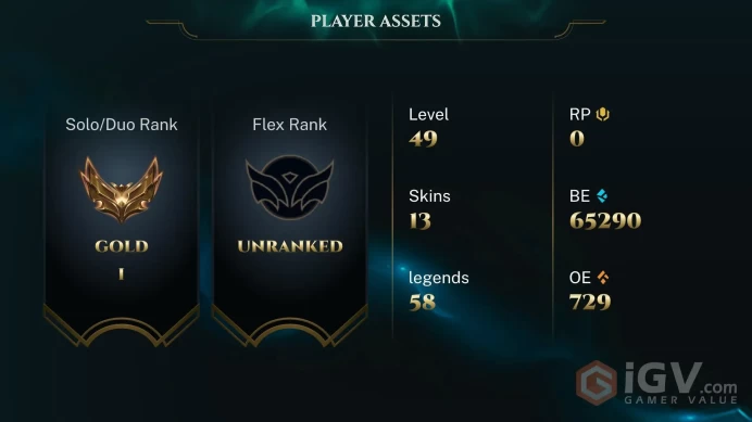 EUW / S16 GOLD I / UNVERIFIED EMAIL / 65K BE / 58 CHAMPS / 13 SKINS / 65%+WR / 4W/2L / HONOR 5 / 5 MIN. 24/7 DELIVERY #LG1362265ELES14