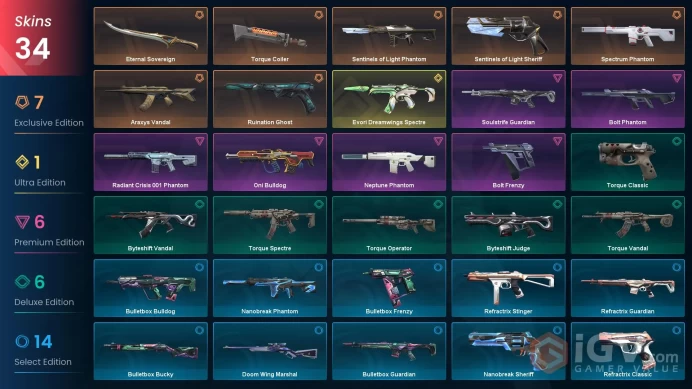 NA | 34 Skins | Diamond | Level 47 | VP Value 30850 | Eternal Sovereign | Spectrum Phantom | Sentinels of Light Sheriff |
