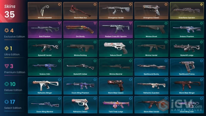 NA | 35 Skins | Platinum | Level 25 | VP Value 29325 | Minima Bundle | Divergence Vandal | Storm Maw Bundle | 1 Battlepasses | 