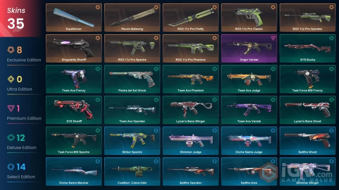 NA | 35 Skins | Ascendant | Battlepasses 4 | RGX 11z Pro Bundle | Recon Balisong | Equilibrium | Buddies 43 | Level 29 | 