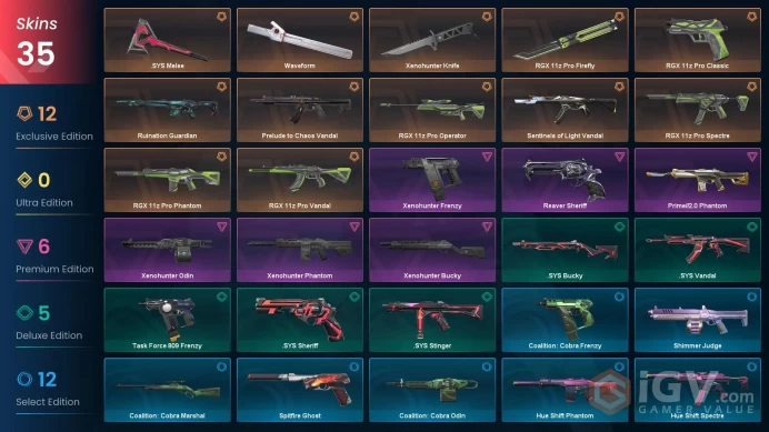 NA | 35 Skins | Platinum | 2 Battlepasses | RGX 11z Pro Bundle | Xenohunter Bundle | Waveform | Buddies 41 | Level 31 |