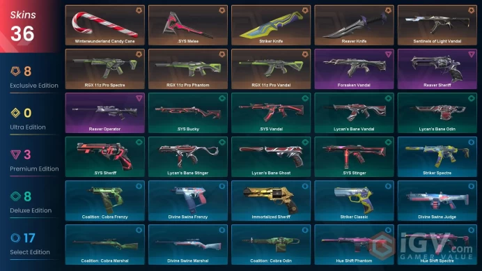 NA | 36 Skins | Reaver Bundle | Silver 2 | RGX 11z Pro Phantom | Sentinels of Light Vandal | Forsaken Vandal | Battlepasses 2 | Buddies 91 |