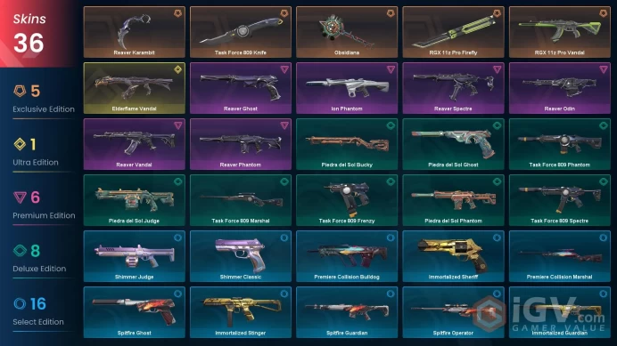 NA | 36 Skins | Reaver Bundle | Silver 3 | Level 45 | RGX 11z Pro Firefly | Elderflame Vandal | Battlepasses 2 | Buddies 58 |
