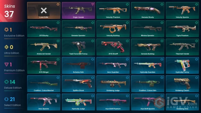 NA | 37 Skins | Platinum | Level 43 | Origin Vandal |&nbsp;Luxe Knife | Aristocrat Vandal | Minima Operator | Battlepasses 3 |