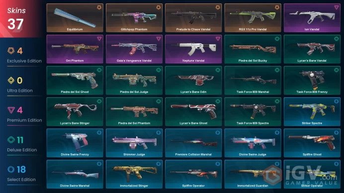 NA | 37 Skins | Platinum | VP Value 19175 | Equilibrium | RGX 11z Pro Vandal | Glitchpop Phantom | Level 50 | 3 Battlepasses | 
