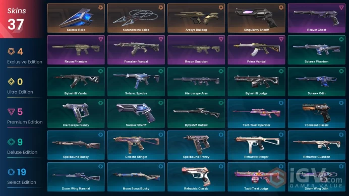 NA | 37 skins | 4 Battlepass | Gold 2 | Level 34 | Kuronami no Yaiba | Araxys Bulldog | Recon Phantom | Prime Vandal | Buddies 54 | 