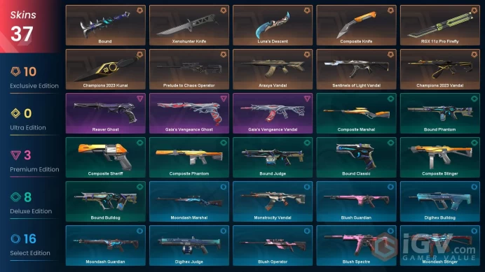 NA | 37 Skins | Platinum | 2 Battle passes | Champions 2023 Bundle | Araxys Vandal | RGX 11z Pro Firefly | Level 70 |