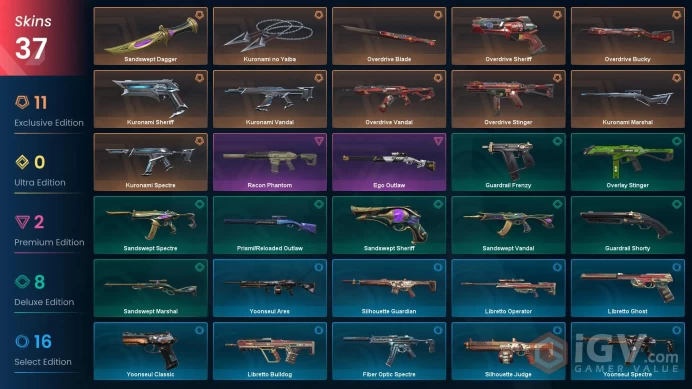 NA | 37 Skins | Diamond | Level 44 | VP Value 35725 | Kuronami Bundle | Overdrive Bundle | Recon Phantom |