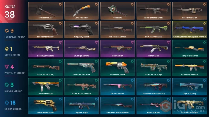 NA | 38 Skins | Diamond | Level 60 | VP Value 29475 | Neo Frontier Bundle | RGX 11z Pro Vandal | Singularity Sheriff |