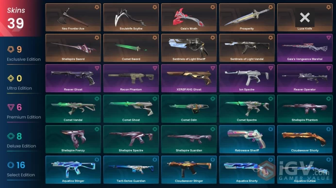 NA | 39 Skins | Gold | 2 Battle passes | Knife 5 | Sentinels of Light Vandal | Reaver Operator | Buddies 64 | Level 59 | 