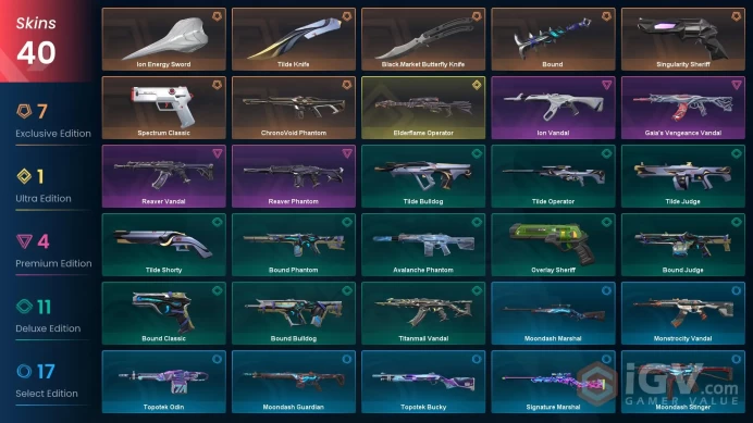 NA | 40 Skins | Diamond | Level 103 | VP Value 28250 | Black.Market Butterfly Knife | Ion Energy Sword | Spectrum Classic | 