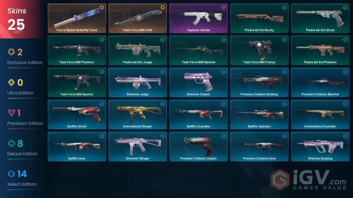 NA | 25 Skins | Bronze | Battlepasses 2 | Yoru's Stylish Butterfly Comb | Neptune Vandal | level 65 | Full Access | Full Details Below