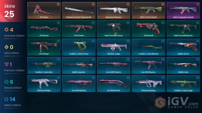 NA | 25 skins | Diamond 1 | Radiant Crisis 001 Baseball Bat | Spectrum Phantom | RGX 11z Pro Vandal |2 Battle passes  | Full Details Below