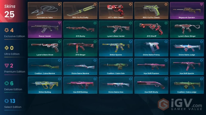 NA | 25 Skins | Platinum | 2 Battlepasses | Kuronami no Yaiba | RGX 11z Pro Firefly | Reaver Vandal | VCT x SEN Classic | Full Details Below