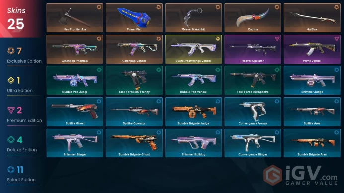 NA | 25 Skins | Platinum | VP Value 32125 | Power Fist | Reaver Karambit | Neo Frontier Axe | 2 Battlepasses | Full Access | Full Details Below!