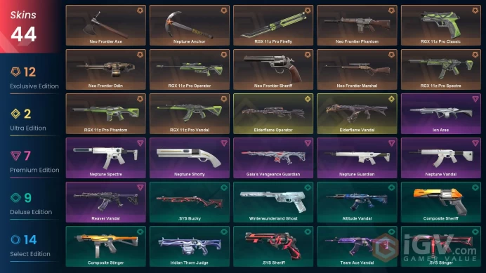 NA | 44 Skins | RGX 11z Pro Bundle | Neo Frontier Bundle | Neptune Bundle | .Elderflame Vandal | Ion Ares | Battlepasses 3 | Full Details Below!