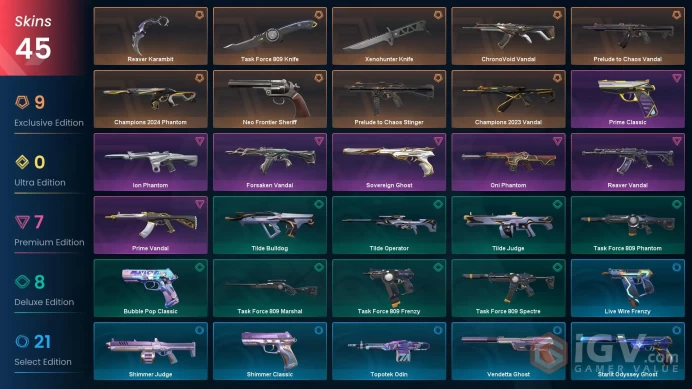 NA | 45 Skins | Level 136 | VP Value 36375 | Reaver Karambit | Champions 2024 Phantom | Champions 2023 Vandal | Full Access | Full Details Below