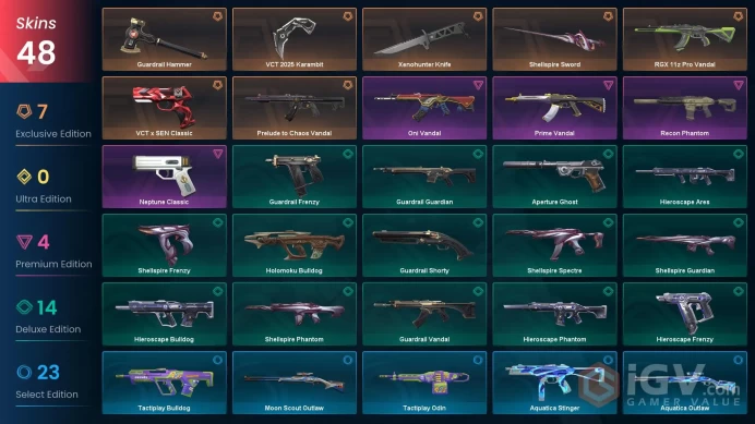 NA | 48 Skins | Silver 3 | Level 57 | Value VP 28240 | VCT 2025 Karambit | Oni Vandal | Prime Vandal | Battlepasses 3 | Full Details Below!