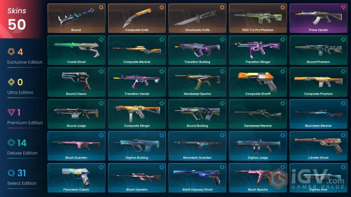 NA | 50 Skins | Platinum | 4 Battlepasses | Xenohunter Knife | RGX 11z Pro Phantom | Prime Vandal | Level 137 | Full Access | Full Details Below