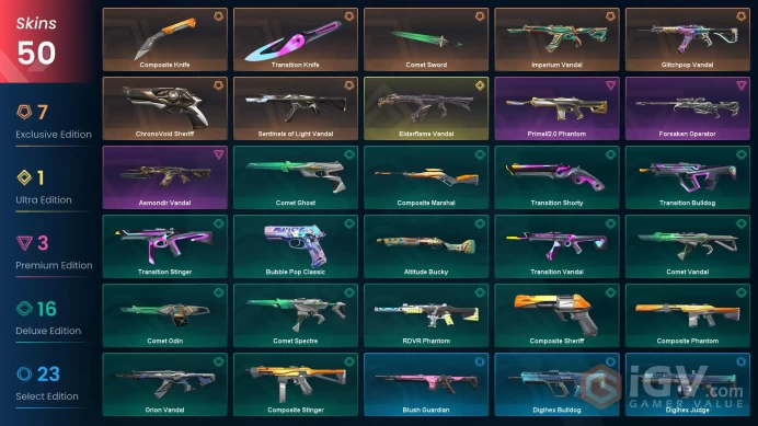NA | 50 Skins | 3 Battlepasses | Imperium Vandal | Elderflame Vandal | ChronoVoid Sheriff | Glitchpop Vandal | Level 125 | Full Details Below