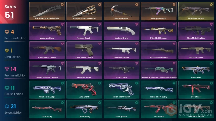 NA | 51 Skins| Bronze | Battlepasses 3 | Knife 3 | Elderflame Vandal | Glitchpop Vandal | Prime//2.0 Phantom | level 58 | Full Details Below!