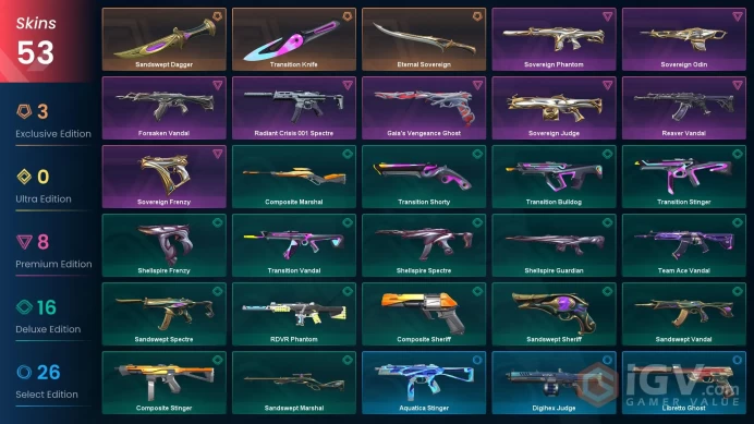 NA | 53 skins | Level 100 | Sovereign Bundle | Prime Vandal | Recon Phantom | Forsaken Vandal | 4 Battlepasses | Full Details Below!