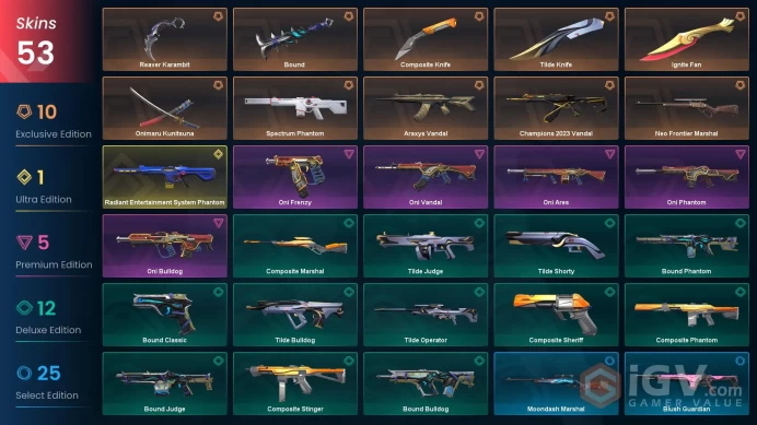 NA | 53 Skins | Platinum | VP Value 38600 | Oni Bundle | Ignite Fan | Champions 2023 Vandal | 3 Battlepasses | Full Access | Full Details Below!
