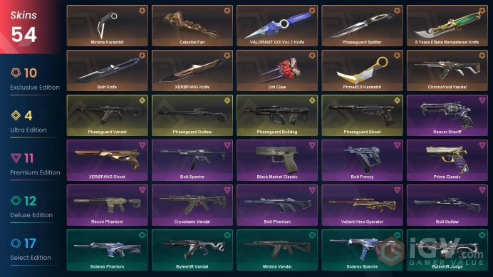 NA | 54 Skins | VALORANT GO! Vol. 1 Knife| Phaseguard Bundle | Minima Bundle | Bolt Bundle | 3 Battlepass | Full Access | Full Details Below! 