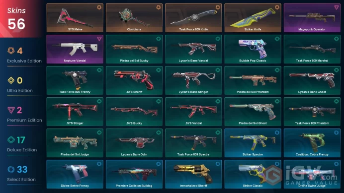 NA | 56 Skins | Silver 2 | Neptune Vandal | Magepunk Operator | Immortalized Sheriff | Spitfire Ghost| Battlepasses 4 | Full Details Below!
