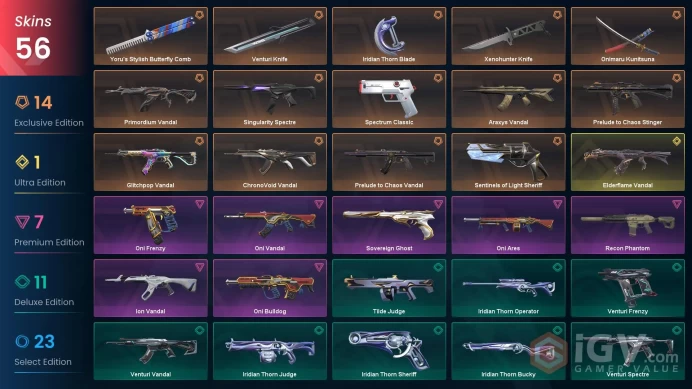 NA | 56 Skins | Diamond | VP Value 50425 | Onimaru Kunitsuna | Xenohunter Knife | Yoru's Stylish Butterfly Comb | Full Access | Full Details