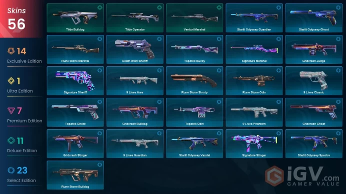 NA | 56 Skins | Diamond | VP Value 50425 | Onimaru Kunitsuna | Xenohunter Knife | Yoru's Stylish Butterfly Comb | Full Access | Full Details
