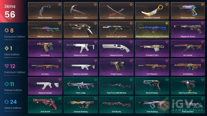 NA | 56 Skins | Oni Bundle | Neptune Bundle | Prime//2.0 Karambit | Sentinels of Light Vandal | Battlepasses 5 | Full Details Below!  