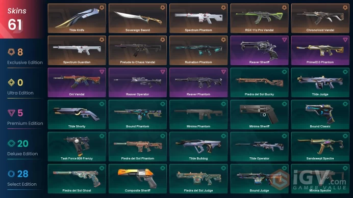 NA | 61 Skins | Diamond | Level 56 | VP Value 36300 | Sovereign Sword | Spectrum Guardian | Spectrum Phantom | Full Access | Full Details Below!