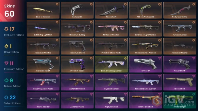 NA | 60 Skins | VP Value 71140 | Champions 2024 Phantom | Nocturnum Bundle | Ion Karambit | 3 Battlepasses| Full Access | Full Details Below
