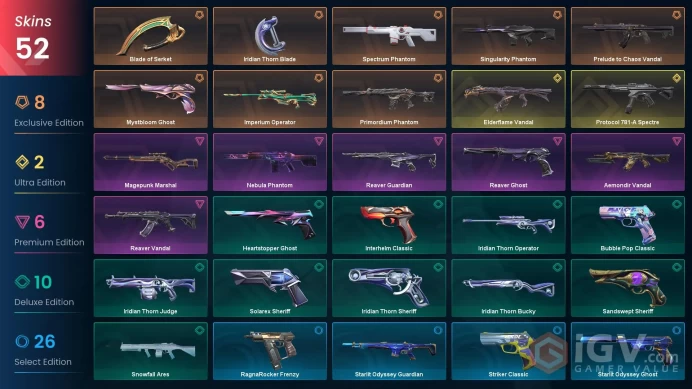 EU 50 skins 2 knifes | Elderflame Vandal | Protocol 781-A Spectre | Blade of Serket | Singularity Phantom | Primordium Phantom | V0048