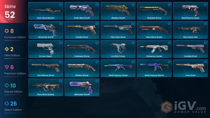 EU 50 skins 2 knifes | Elderflame Vandal | Protocol 781-A Spectre | Blade of Serket | Singularity Phantom | Primordium Phantom | V0048