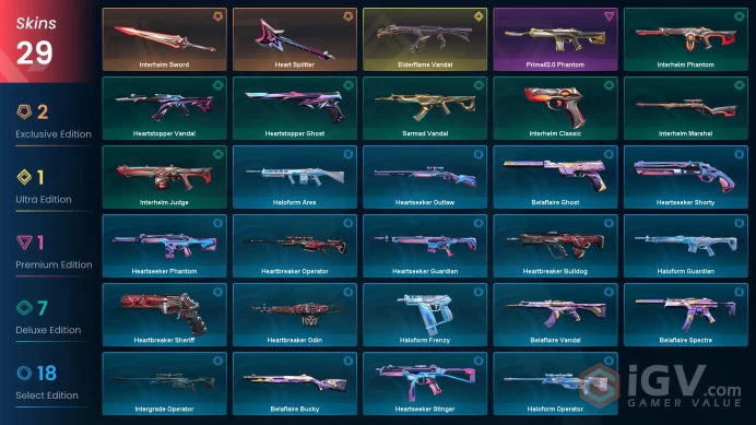EU | 82 LVL | 16 Ag | 157 VP | 29 skins | Elderflame Vandal | Prime//2.0 Phantom | Interhelm Sword | Heart Splitter |	V0005