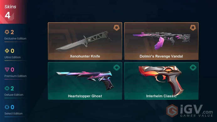 AP | 65 VP | 4 skins | Dolmir's Revenge Vandal | Xenohunter Knife | Heartstopper Ghost | Interhelm Classic |	V0112