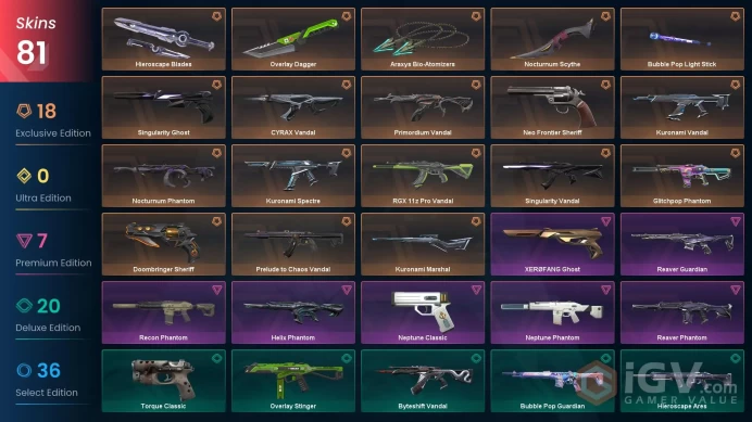 NA | 81 Skins | Platinum | VP Value 58275 | Araxys Bio-Atomizers | Nocturnum Scythe | Kuronami Vandal | 5 Battlepasses | Full Details Below!