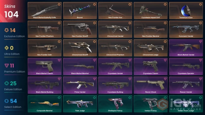 NA | 104 Skins | 8 Battlepasses | Neo Frontier Buddle | ChronoVoid Buddle | Black.Market Buddle | Cryostasis Buddle | Full Details Below!