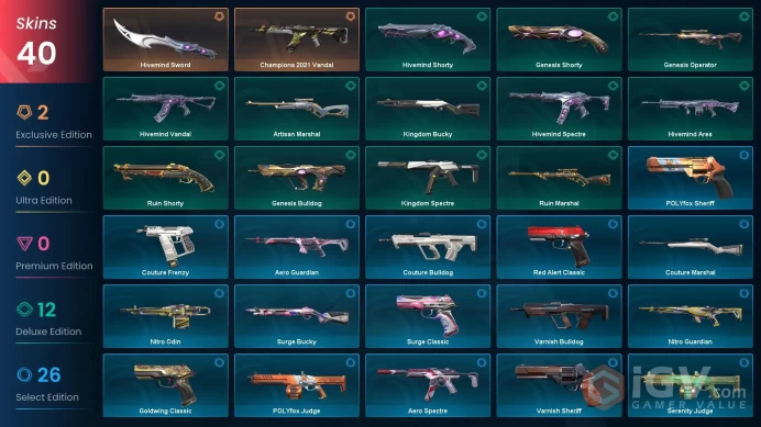 EU Full Access  | 40 Skins Champions 2021 Vandal + Hivemind Sword + Luxe Ghost + Aero Guardian + more |  2700 Valorant Points