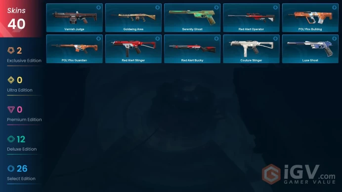 EU Full Access  | 40 Skins Champions 2021 Vandal + Hivemind Sword + Luxe Ghost + Aero Guardian + more |  2700 Valorant Points