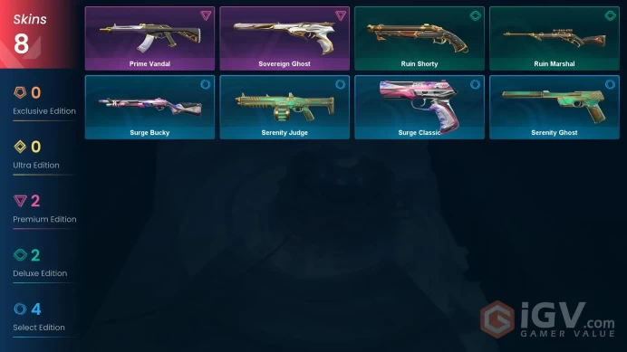 NA Full Access | 8 Skins Prime Vandal + Sovereign Ghost + Surge Bucky + Serenity Ghost + Ruin Marshal + more