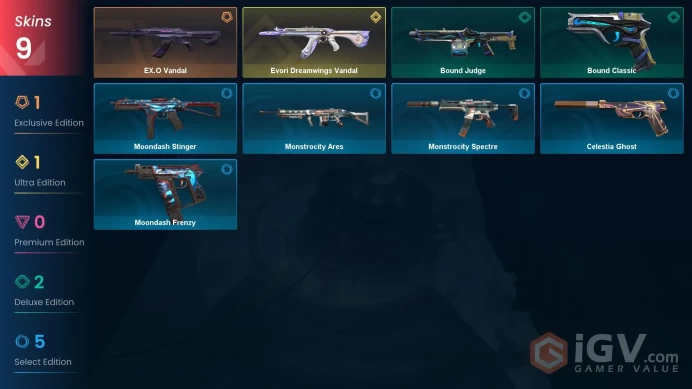 EU 9 skins | Evori Dreamwings Vandal | EX.O Vandal | Bound Classic | Bound Judge | Monstrocity Spectre | Celestia Ghost | V0007