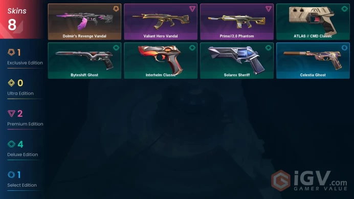EU 8 skins | Dolmir's Revenge Vandal | Prime//2.0 Phantom | Valiant Hero Vandal | ATLAS // CMD Classic | Byteshift Ghost | V0134