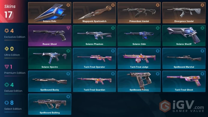 EU Full Access | 17 Skins Magepunk Sparkswitch + Primordium Vandal + Divergence Vandal + Reaver Ghost + Solarex Relic + more