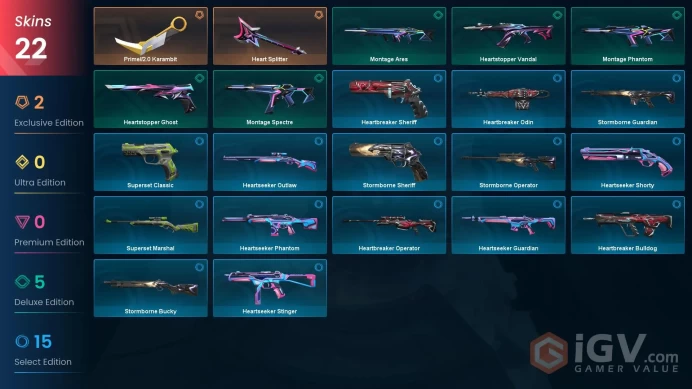 EU | 22 skins | Prime//2.0 Karambit | Heart Splitter | Montage Spectre | Heartstopper Ghost | Montage Phantom | Montage Ares | X7240