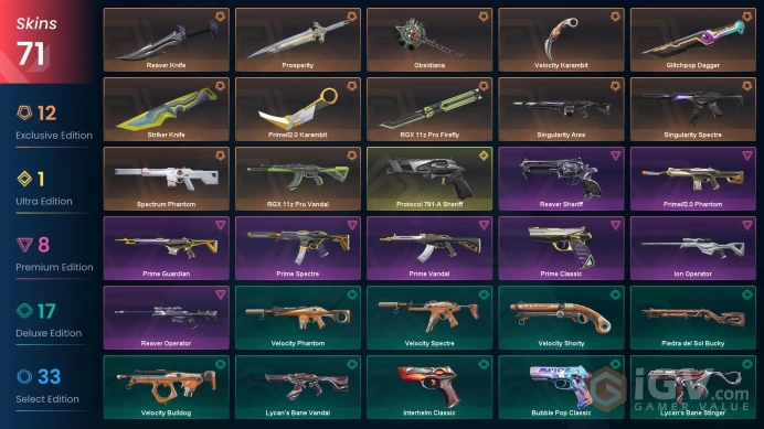 [AP]  71 SKINS 8 KNIFES ~ 45,225 VP Inventory value |   875 Valorant Points |   375 Radiant Points |   Bronze 1 Current rank